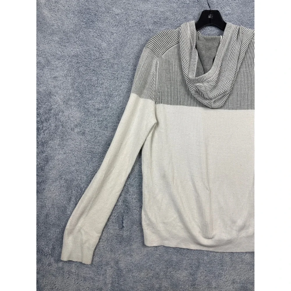 Express Mens M White Grey Hooded Sweater Colorblock Ribbed Knit Pullover